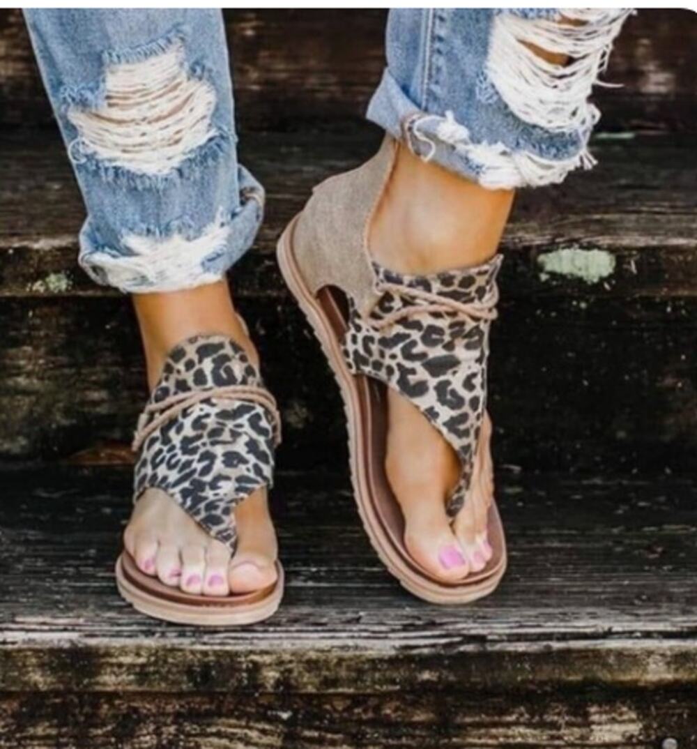 Very G Tan Brown Angelika Leopard Summer Thong Sandal Boho Gladiator Size 8.5